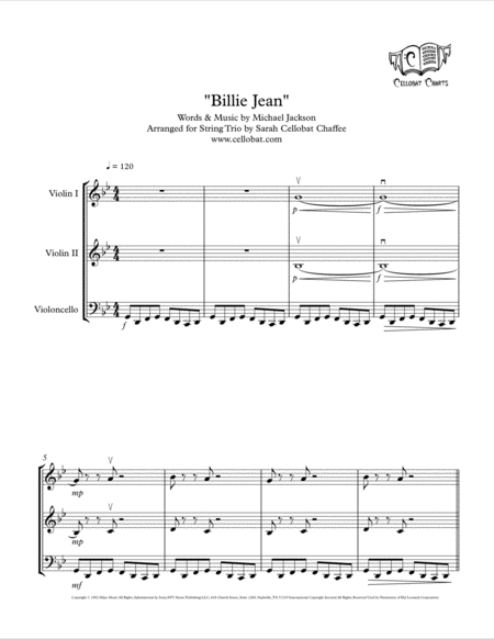 Billie Jean String Trio 2 Violins Cello Michael Jackson Arr Cellobat Sheet Music