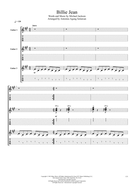 Billie Jean Trio Guitar Tablature Sheet Music