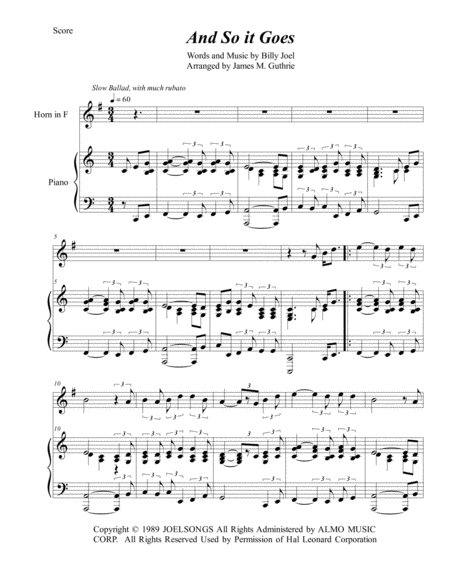 Billy Joel And So It Goes For French Horn Piano Sheet Music