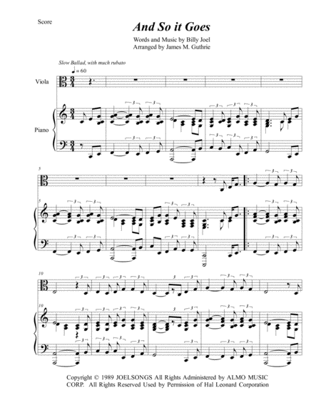 Billy Joel And So It Goes For Viola Piano Sheet Music