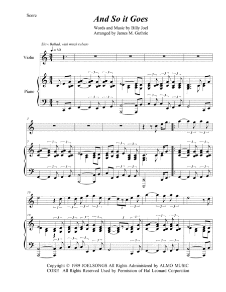 Free Sheet Music Billy Joel And So It Goes For Violin Piano