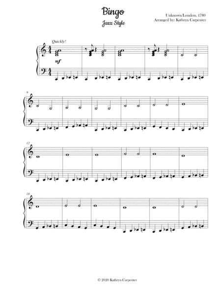 Bingo B I N G O Jazz Piano Style Sheet Music