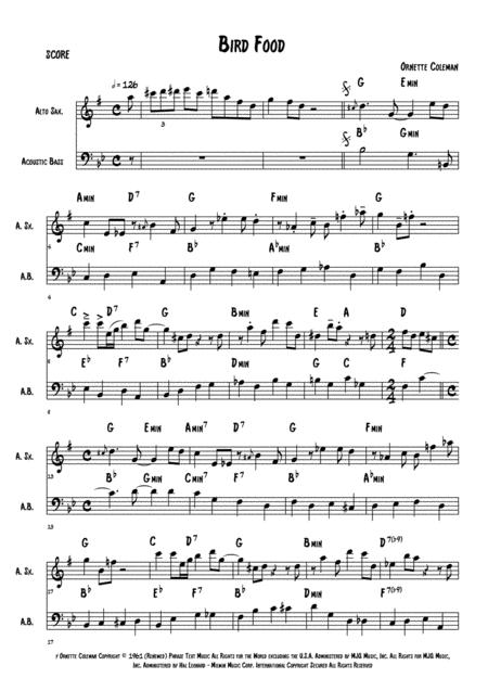 Bird Food Score Alto Sax Acoustic Bass Sheet Music