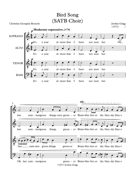 Bird Song Satb Choir Sheet Music