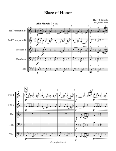 Free Sheet Music Blaze Of Honor For Brass Quintet