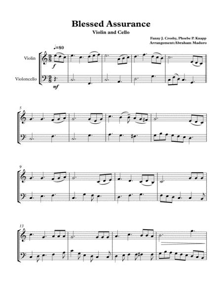 Free Sheet Music Blessed Assurance Violin Cello Duet