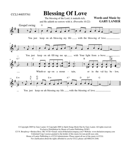 Free Sheet Music Blessing Of Love Lead Sheet