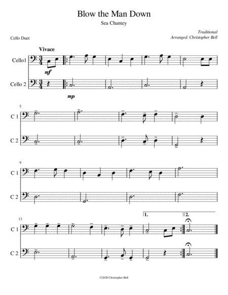 Blow The Man Down Easy Cello Duet Sheet Music