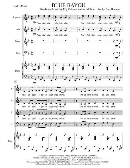 Blue Bayou Satb Piano Roy Orbison Linda Ronstadt Sheet Music