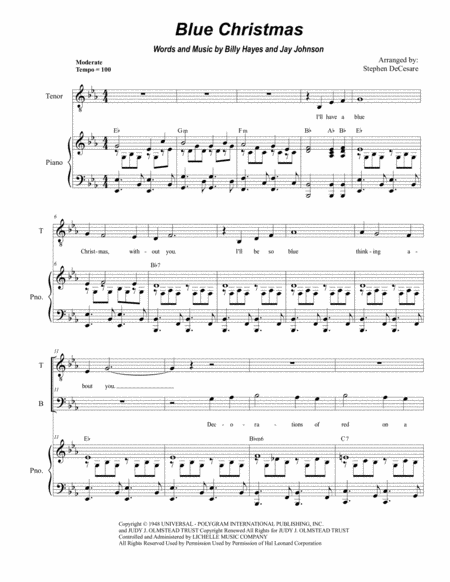 Free Sheet Music Blue Christmas Duet For Tenor And Bass Solo