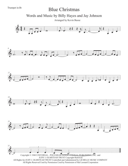 Blue Christmas Easy Key Of C Trumpet Sheet Music