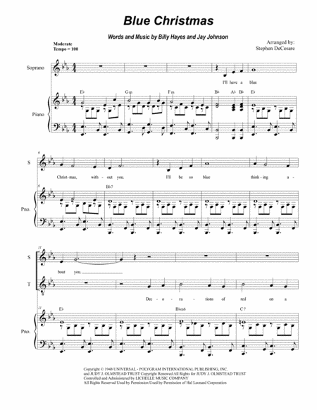 Blue Christmas For 2 Part Choir Sop Ten Sheet Music