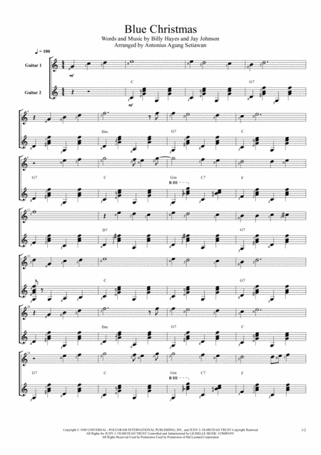 Blue Christmas Variation 1 Duet Guitar Score Sheet Music