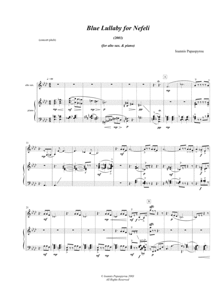 Blue Lullaby For Nefeli 2003 For Alto Saxophone Piano Sheet Music