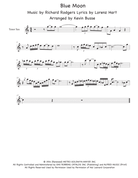 Blue Moon Sax Solo Easy Key Of C Tenor Sax Sheet Music