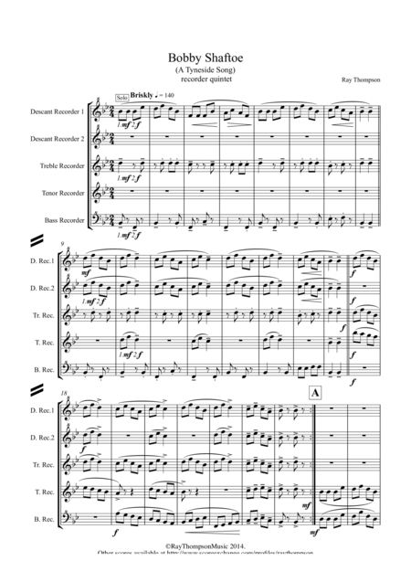 Bobby Shaftoe Tyneside Song For Recorder Quintet Sheet Music