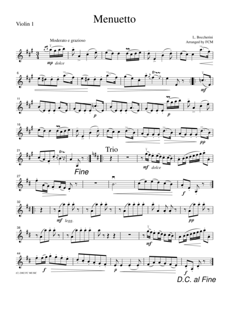 Free Sheet Music Boccherini Menuetto String Quintet Op 13 No 5 3rd Mvt For String Quartet Cb401