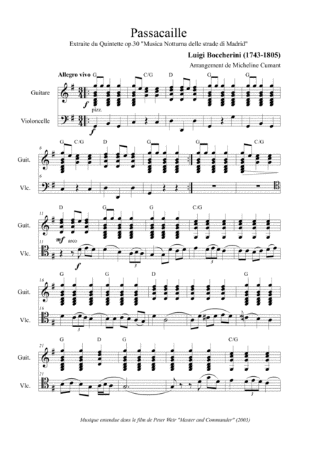 Boccherini Passacaille Extraite Du Quintette Opus 30 Pour Violoncelle Et Guitare Sheet Music