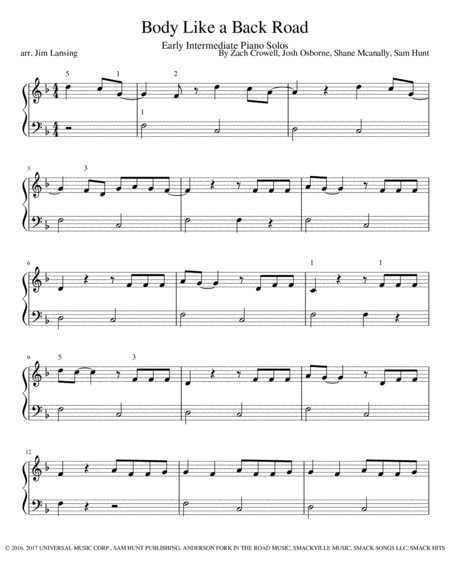 Free Sheet Music Body Like A Back Road Early Intermediate Piano Solo