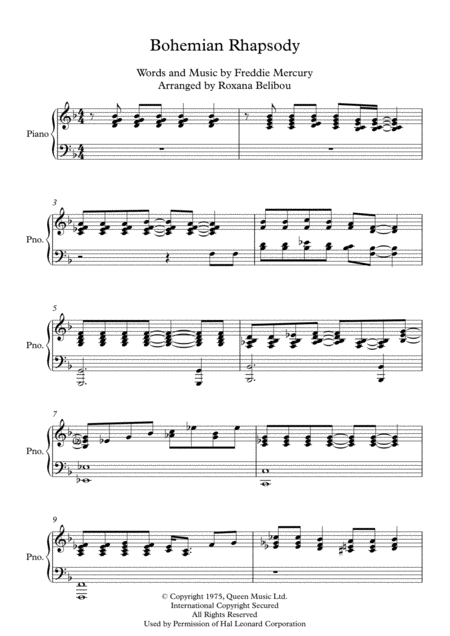 Bohemian Rhapsody By Queen Piano Short Version Sheet Music