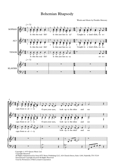 Free Sheet Music Bohemian Rhapsody Choir Ssaat With Piano