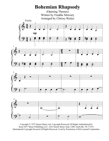 Bohemian Rhapsody Opening Themes Beginner Big Note Piano Sheet Music