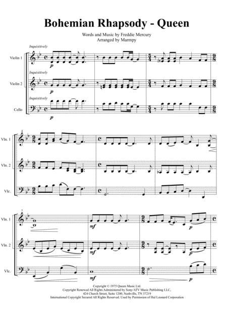 Bohemian Rhapsody Queen Arranged For String Trio Sheet Music