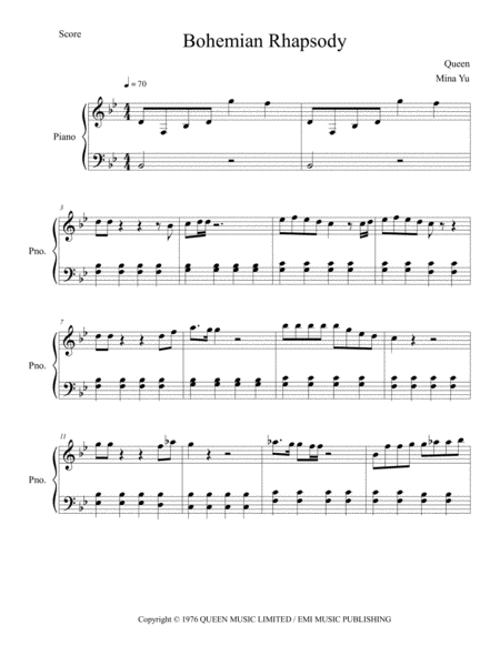 Bohemian Rhapsody Queen Easy Piano Sheet Music