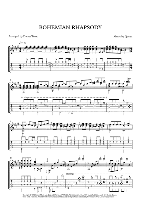 Bohemian Rhapsody Solo Fingerstyle Guitar Sheet Music