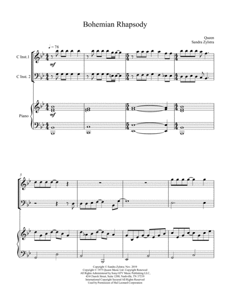 Free Sheet Music Bohemian Rhapsody Treble And Bass C Instrument Duet