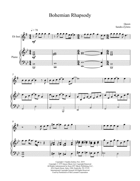 Free Sheet Music Bohemian Rhapsody Treble Eb Instrument Solo