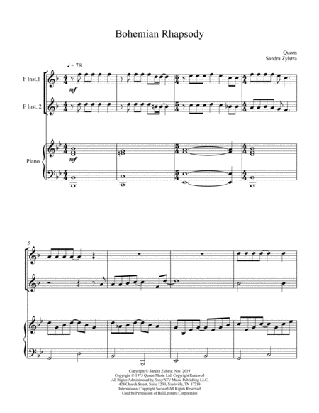 Bohemian Rhapsody Treble F Instrument Duet Sheet Music