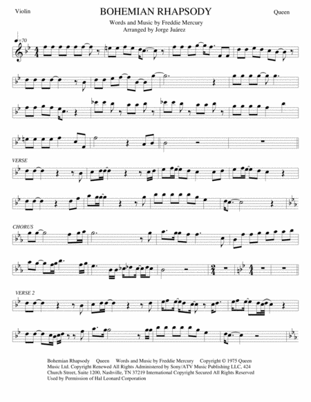 Bohemian Rhapsody Violin Piano Bass Guitar Sheet Music