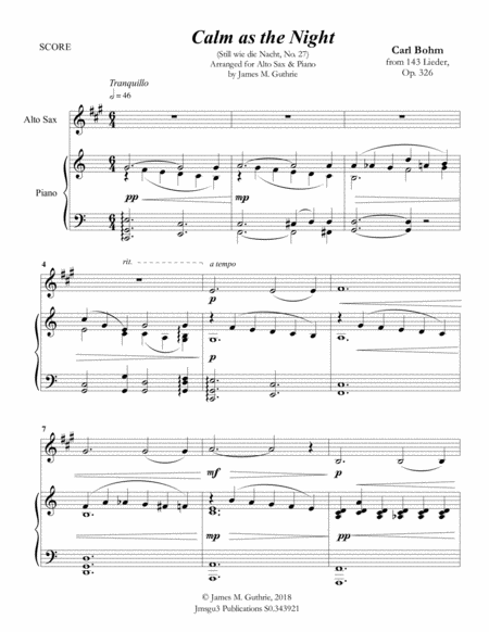 Free Sheet Music Bohm Calm As The Night For Alto Sax Piano