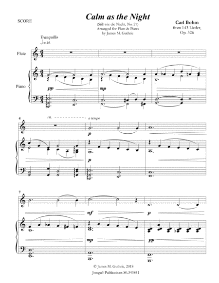 Free Sheet Music Bohm Calm As The Night For Flute Piano