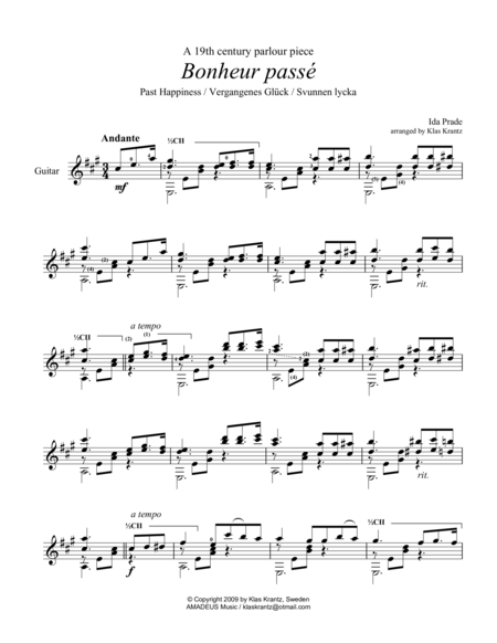 Bonheur Passe Past Happieness For Guitar Solo Sheet Music