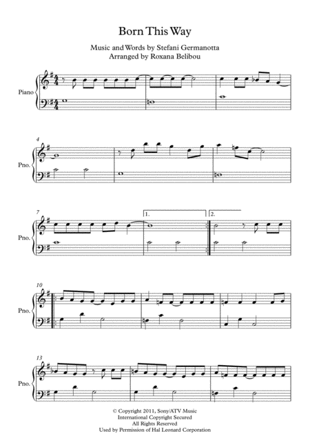 Born This Way G Major By Lady Gaga Easy Piano Sheet Music