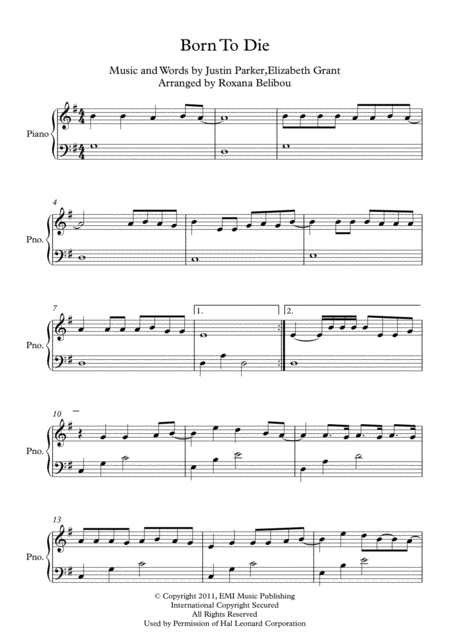 Born To Die By Lana Del Rey Easy Piano Sheet Music