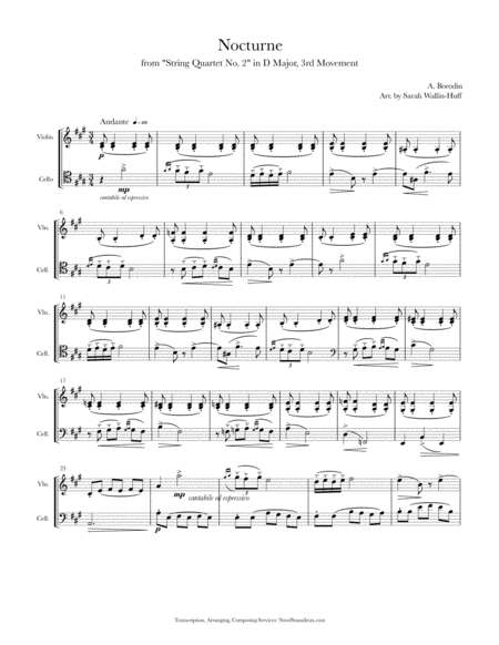 Borodin Nocturne For Violin Cello Duo Sheet Music