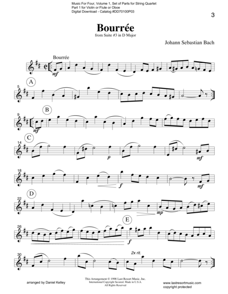 Bourree From Suite 3 In D Major String Quartet Sheet Music