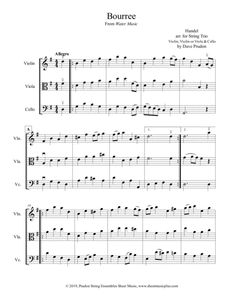 Bourree From Water Music For String Trio Sheet Music