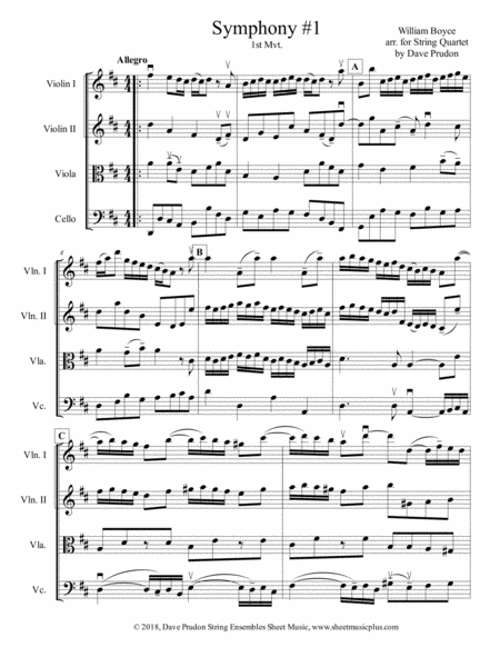 Free Sheet Music Boyce Symphony 1 1st Mvt For String Quartet