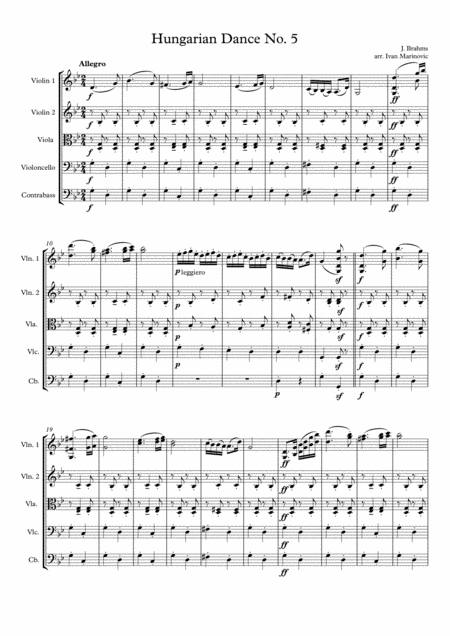 Free Sheet Music Brahms Hungarian Dance No 5 For String Orchestra