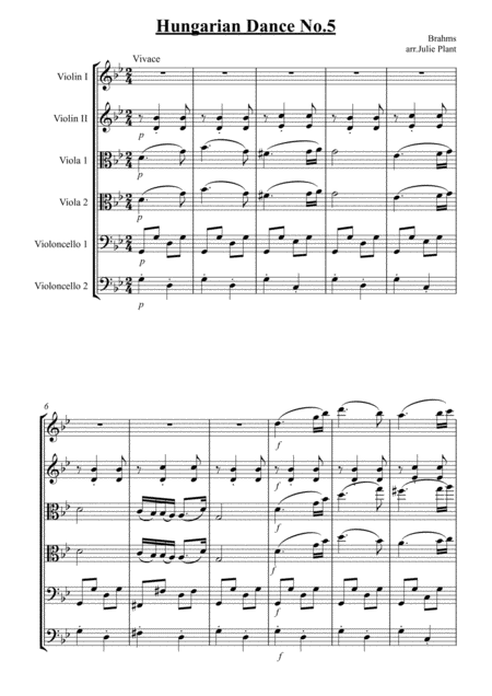 Free Sheet Music Brahms Hungarian Dance No 5 For String Sextet Score And Parts