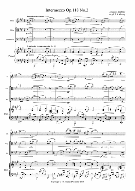 Free Sheet Music Brahms Intermezzo Op 118 No 2 Flute Viola Cello Piano Piano Quartet