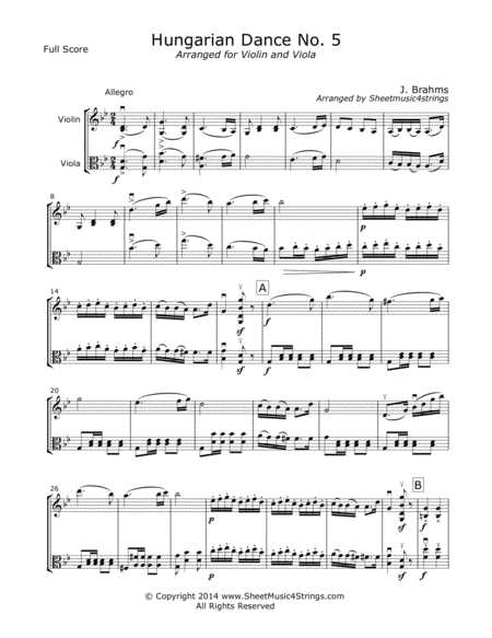 Brahms J Hungarian Dance No 5 For Violin And Viola Sheet Music