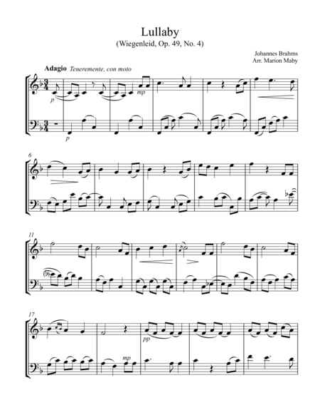 Brahms Lullaby Arr For Violin Cello Duet Sheet Music