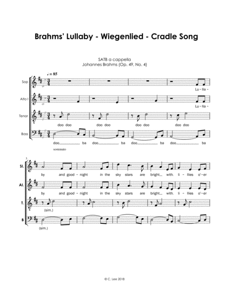 Brahms Lullaby Cradle Song Wiegenlied A Cappella Sheet Music