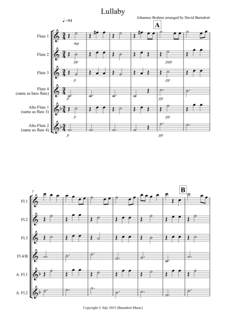 Brahms Lullaby For Flute Quartet Sheet Music