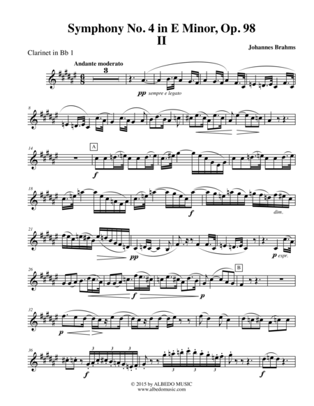 Free Sheet Music Brahms Symphony No 4 Movement Ii Clarinet In Bb 1 Transposed Part Op 98